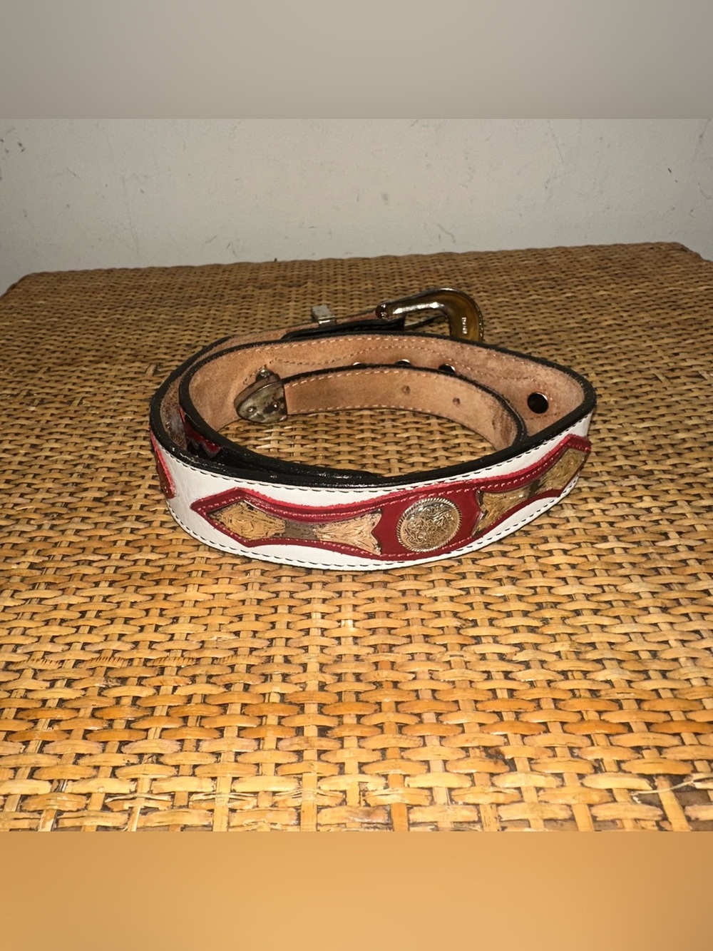 Vintage Nocona Western Leather Belt Red Black Metal Inlay Cowgirl Rodeo Small